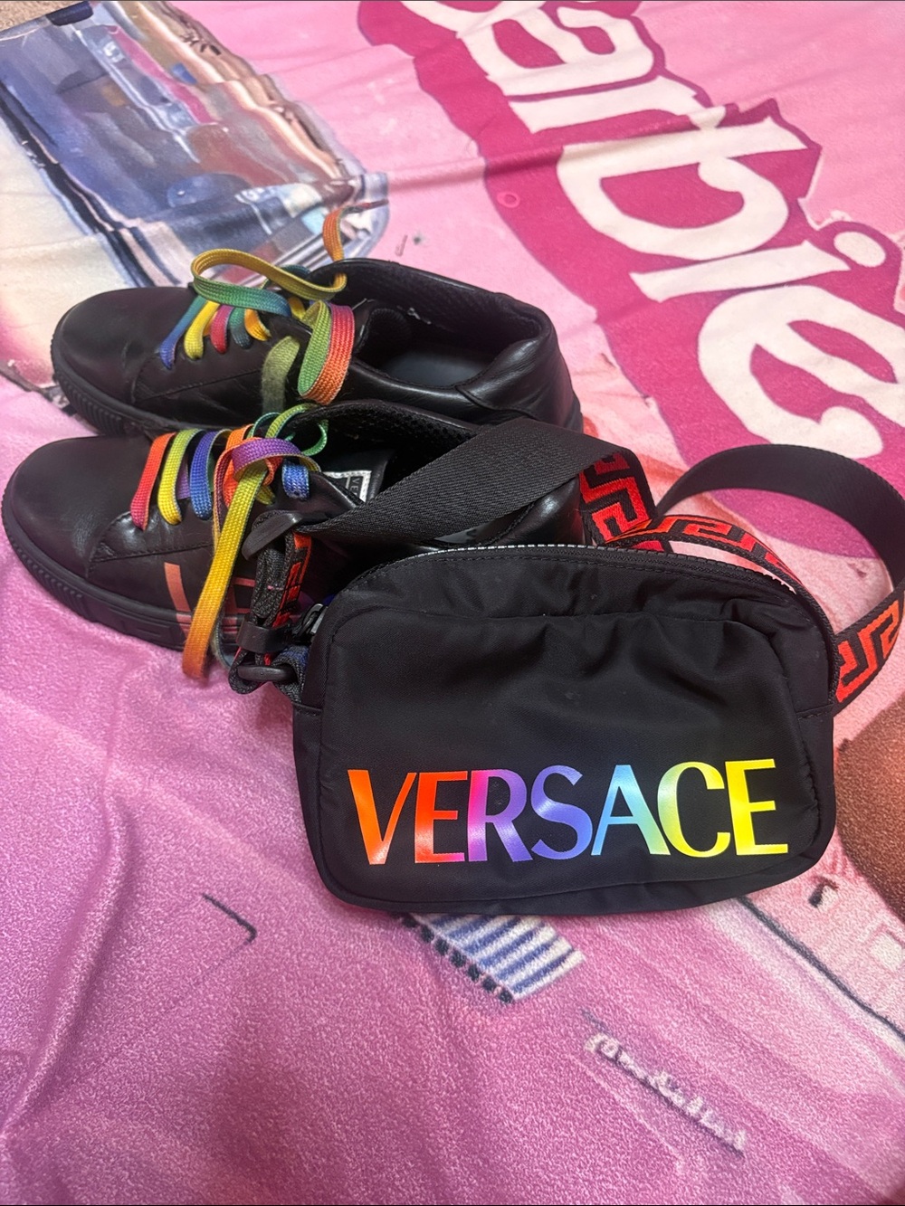 Versace Black Belt Bag with Rainbow Logo